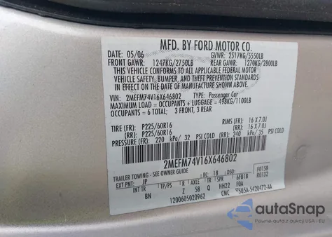 2006 Mercury Grand Marquis Gs z USA, uszkodzony, nr VIN 2MEFM74V16X646802